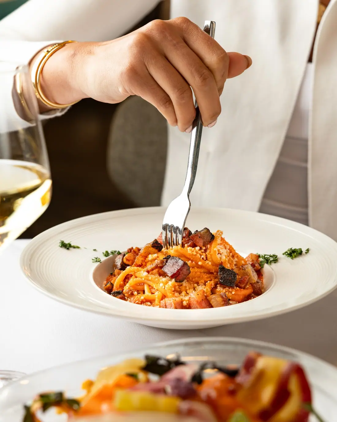 A bowl of pasta in San Marzano tomato sauce at Stellina