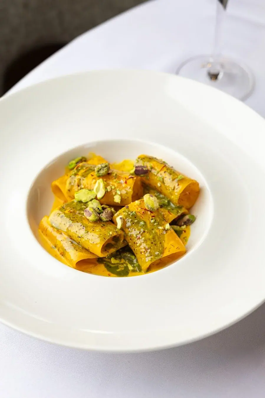 Paccheri in saffron cream with Bronte pistachio pesto